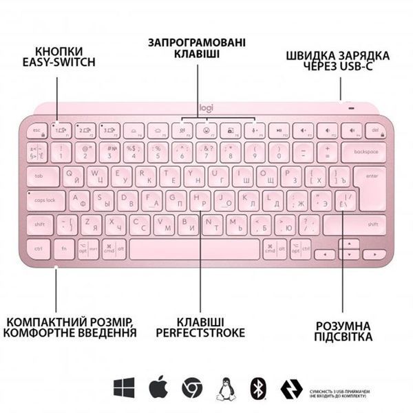 Клавіатура бездротова Logitech MX Keys Mini Wireless Illuminated UA Rose (920-010500) 435533 фото